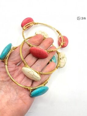 Wire Wrapped Bangle Set Of Three White Turquoise Red Dyed Stone Beads Boho